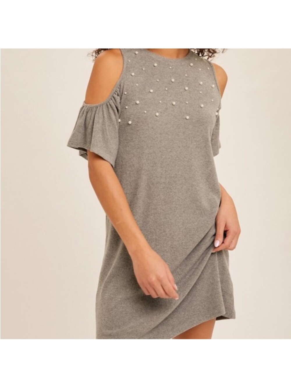 Cold-Shoulder Pearl-Embellished Gray Dress